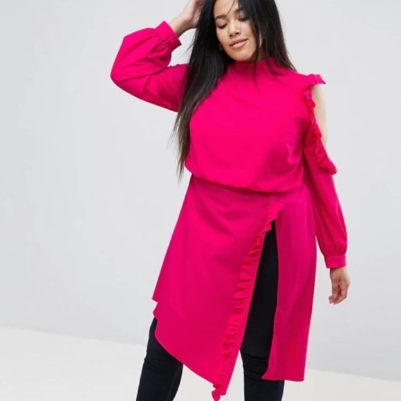 ASOS Curve Tops - ASOS Longline Blouse With Ruffle & Button Detail